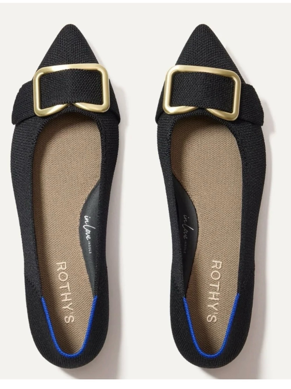 Rothy's Emblem The Point II Black Flats with Gold Buckle
